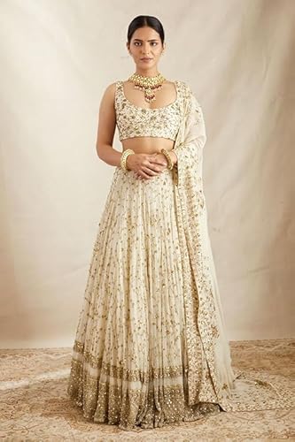 JIHU CULTURE White Georgette Embroidery Work Dupatta For Women (White)