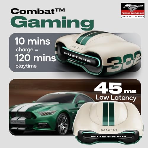 GOBOULT Mustang Torq Wireless in Ear Earbuds with 60H Playtime, App Support, Quad Mic ENC, 45ms Low Latency, 13mm Driver, Breathing LEDs, Made in India Ear Buds Wireless (Green)