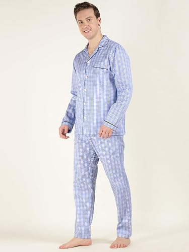 Hancock Men Cotton Checked Relaxed Fit Night Suit Blue Size M