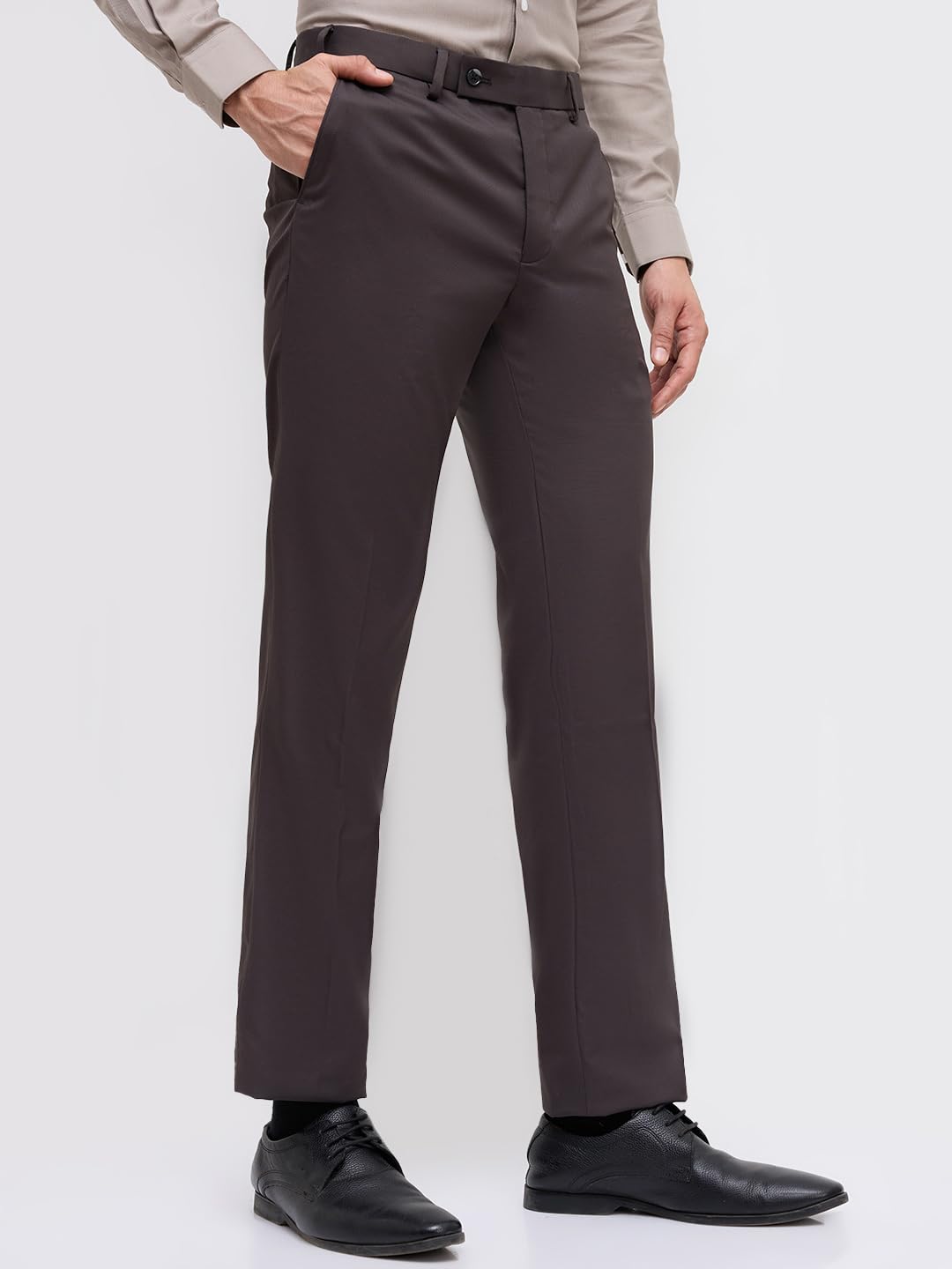 Park Avenue Men Slim Fit Structure Pattern Pure Polyester Flat Front Formal Trouser Dark Grey