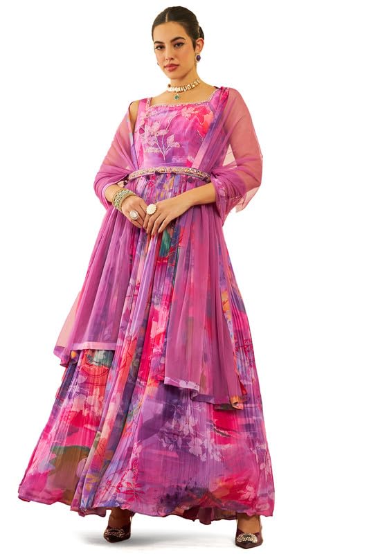 Soch Womens Purple Crepe Floral Printed Ethnic Gown with Dupatta