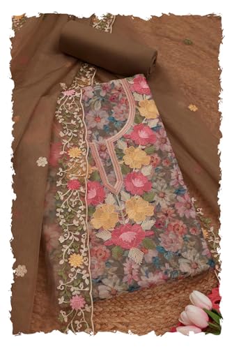 Soch Womens Olive Chanderi Floral Print Unstitched Dress Material With Thread Work