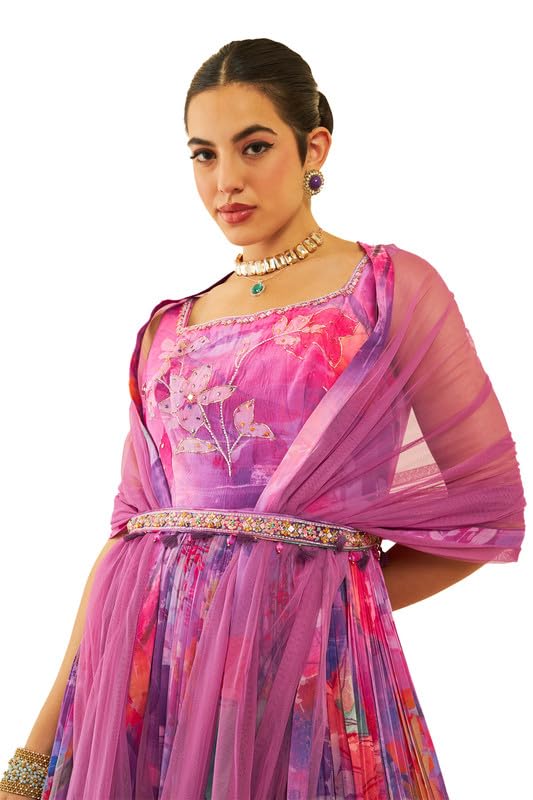 Soch Womens Purple Crepe Floral Printed Ethnic Gown with Dupatta