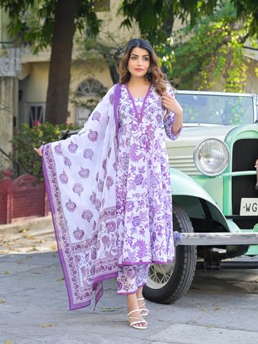 Divena Purple Floral Printed Anarkali Pure Cotton Kurta with Trousers & Dupatta