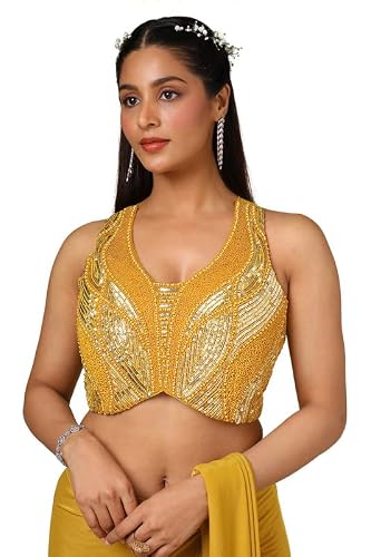 Soch Womens Mustard Nylon Blend Sequin Ready-To-Wear Saree With Belt
