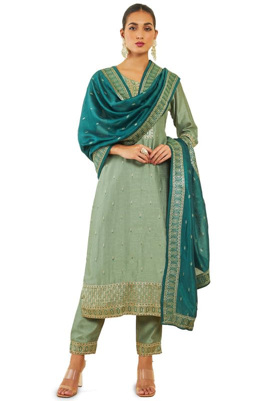 Soch Womens Sap Green Viscose Blend Suit Set With Embroidery And Sequins