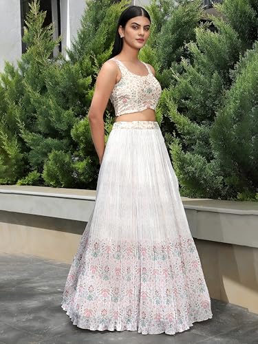 Zeel Clothing Women's Floral Printed Georgette New Lehenga Choli with Dupatta (5081-White-Women-Lehenga-Choli; Free Size)