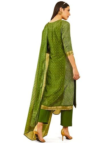 Soch Womens Green Brocade Bandhani Printed Suit Set with Mirror Work