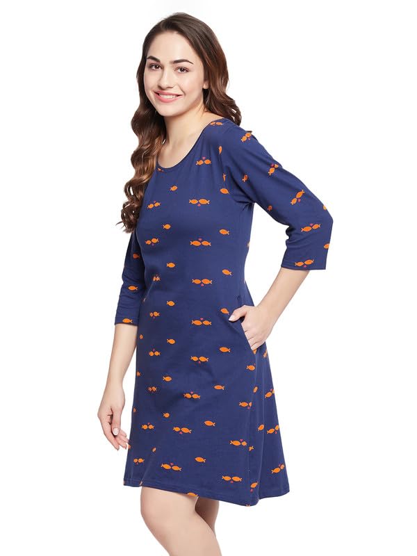 Clovia Women's Cotton Printed Short Night Dress with Pocket (NS6489D08_Navy Blue_M)