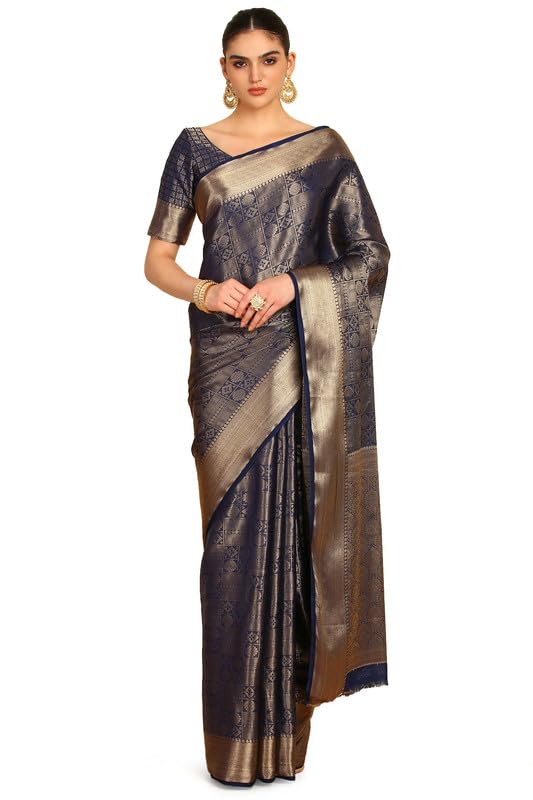 Soch Womens Navy Blue Ethnic Motifs Woven Design Jacquard Weave Silk Blend Saree