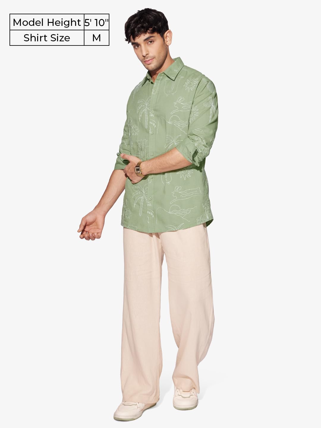 The Souled Store Summer Vibe Men and Boys Long Sleeves Collared Neck Button Front Green Embroidered Regular Fit Cotton Linen Shirts