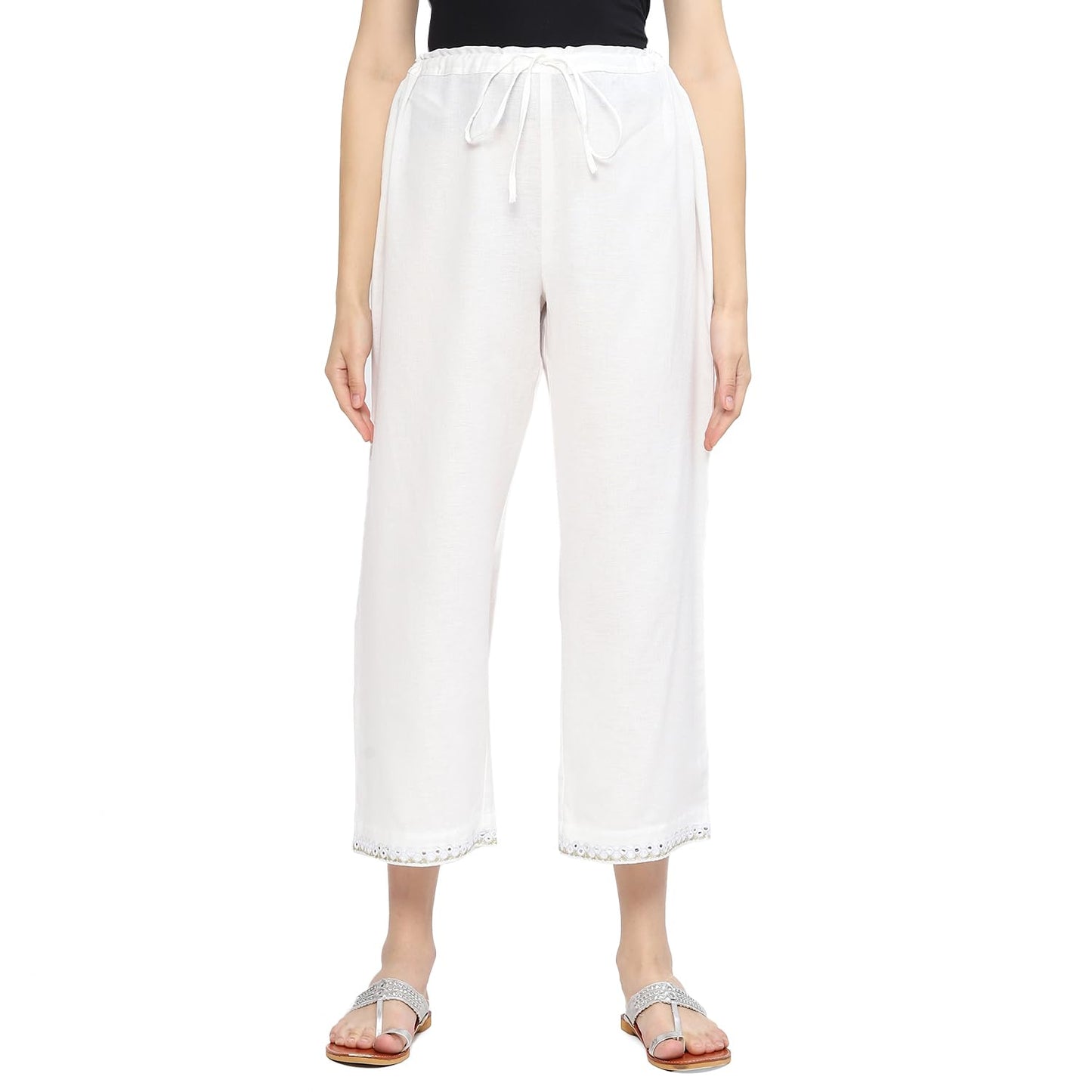 BIBA Women Rayon Printed Straight Kurta Mid Rise Pants (Palazzo) Size 90 CM (RUHAANI 19564 White_L)