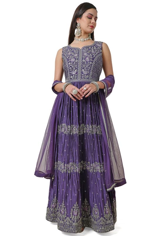 Soch Womens Purple Zari Embroidered Chinon Blend Ethnic Gown