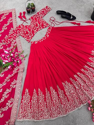 Quick buy hub Women Embroidered Sequin Faux Georgette Lehenga Choli Set with Dupatta | Designer Ethnic Lehenga Set | Fully Stitched Choli with Semi Stitched Lehenga (PINK)