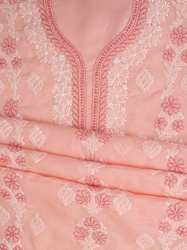 Ada Hand Embroidered Lucknowi Chikankari Unstitched Cotton Dress Material Suit Piece with Dupatta for Women 01A873293 Peach