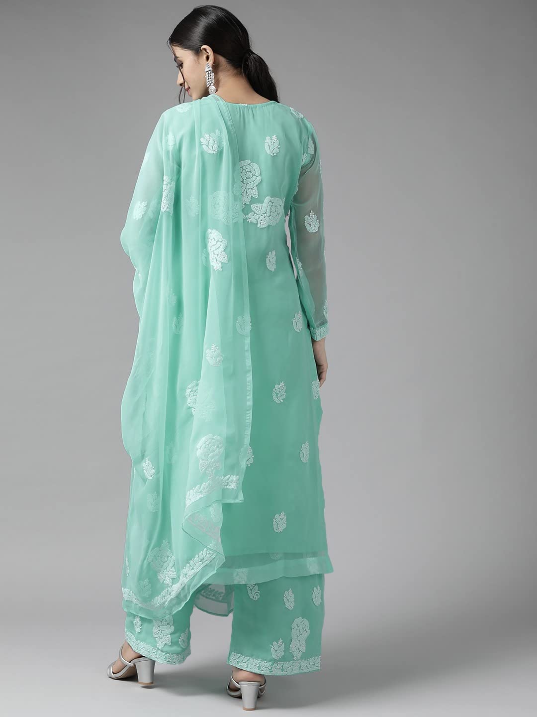Ada Hand Embroidered Lucknow Chikankari Unstitched Georgette Dress Material Suit Set for Women A211211 Sea Green
