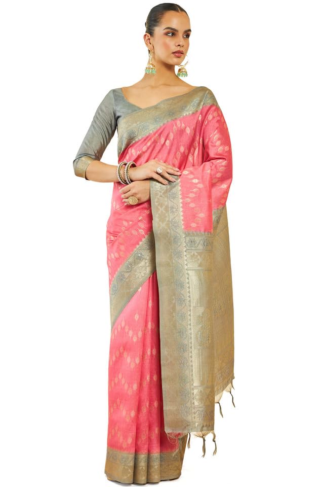Soch Womens Pink Tussar Silk Saree With Woven Zari Designs And Grey Pallu
