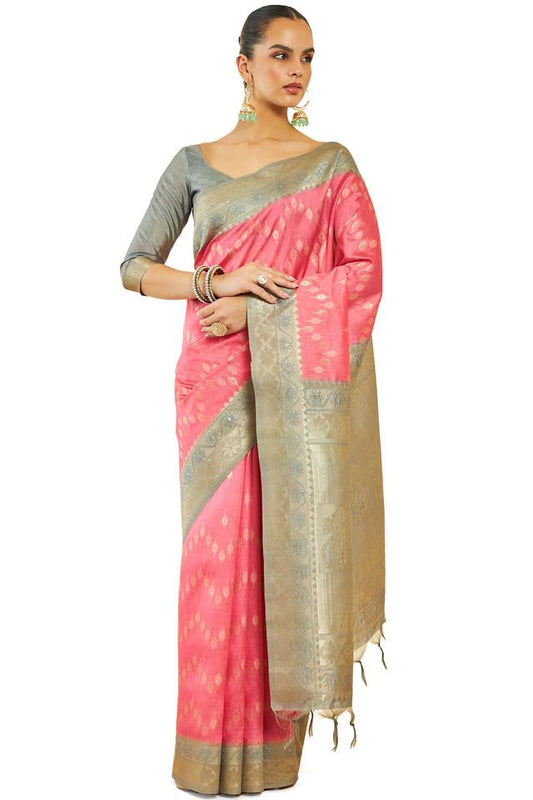 Soch Womens Pink Tussar Silk Saree With Woven Zari Designs And Grey Pallu