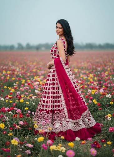 VARNI FABRICS Women's Pink Embroidered Lehenga Choli With Dupatta, Embroidery Pattern, Bridal Wear, Semi-Stitched