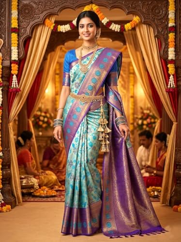 SREE KUMARAN Women's Kanchipuram Kubera Silk Pure Pattu Saree - Flower Border With Blouse (VSK571-1)