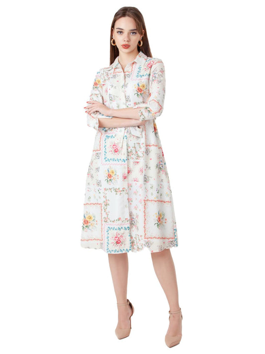 Zink London Women's White Printed A-Line Midi Dress