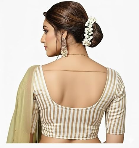 PU Fashion Stylish Latest Katori Design Golden Foil Printed Blouse Stretchable Readymade Saree Blouses for Women Trendy Blouse Special for Festival White Size 34" -, Half Sleeve