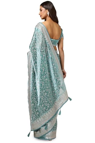 Soch Womens Teal Organza Embroidered Saree With Stone Work