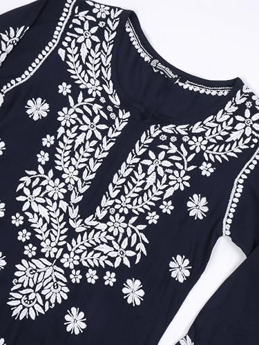 Seva Chikan Hand Embroidered Lucknowi Chikankari Navy Blue Rayon Kurta & Palazzo Set for Women (8108_Navy Blue_XS)
