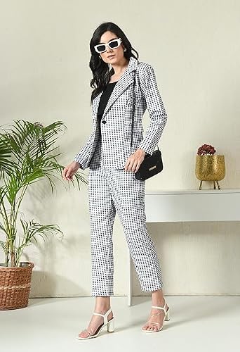 OFFICE PURPLE Women Printed Blazer Pant Set- Women's Casual Office Business 3-Piece Printed Suit, Single-Breastered Blazer Camisole and Pant Set (Black and White, M)