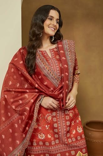 Janasya Women's Rust Orange Cotton Blend Floral Printed Pakistani Straight Kurta Set (JAC25ST02970-XL)