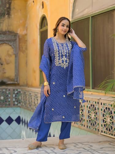 Divena Blue Leheriya Kota Doria Kurta Pant With Dupatta