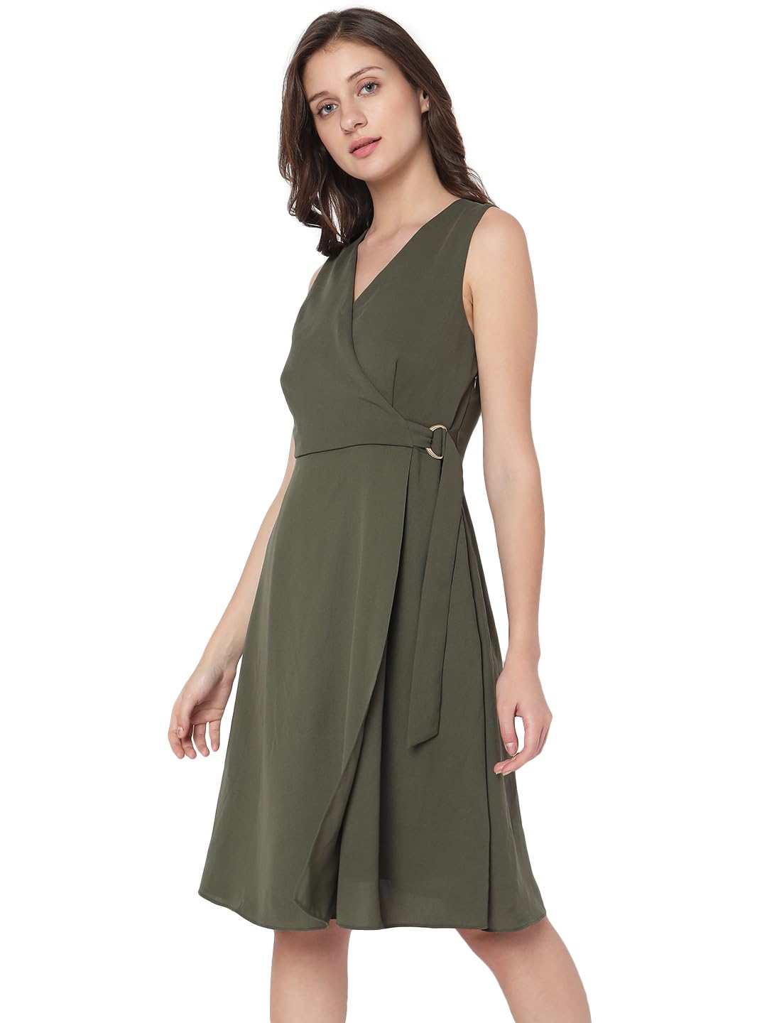 Vero Moda Women's Polyester A-Line Knee-Length Dress (10299655-Pale Olive Green_Pale M)