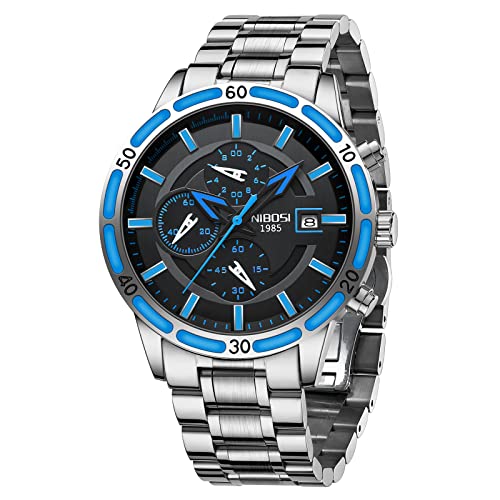 NIBOSI Watch for Men Fashion Business Men Watches Ultra-Thin Waterproof Chronograph Quartz Watches with Stainless Steel Band (Silver Blue)