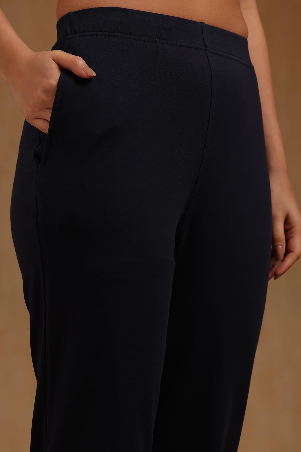 Soch Womens Navy Blue Cotton Blend Solid Pant