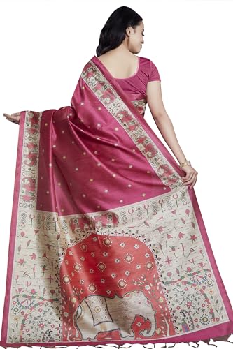 RANI SAAHIBA Women's Printed Art Tussar Silk Madhubani Saree With Blouse Piece (SKR11590_Magenta)