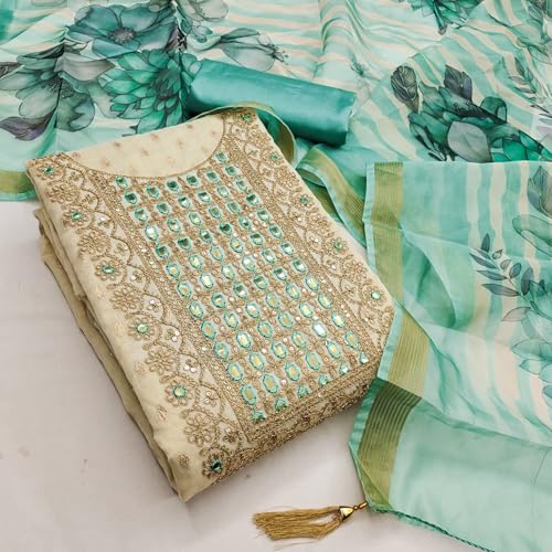 Leeli Peeri Designer Women's Simmer Silk Mirror Embroidery Work Unstitched Salwar Suit Dress Material
