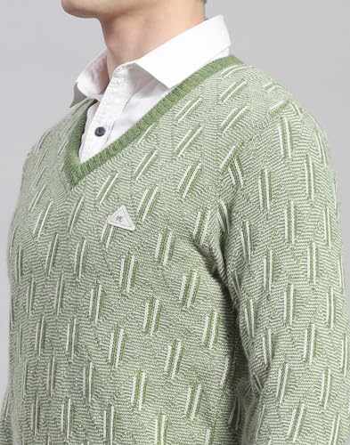 Monte Carlo Mens Green Solid V Neck Full Sleeve Wool Blend Casual Sweater (1239177VN-2-40)