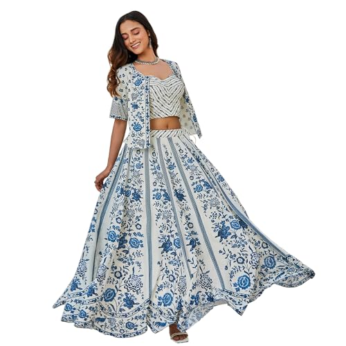 BIBA Women Cotton Straight Printed Lehenga Set (SKD9735SS24WHTBLU_White_XXL)