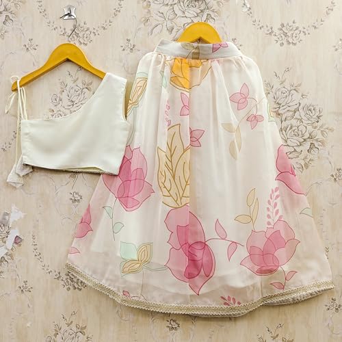 Girls Designer Lehenga Choli Set | Printed Organza Skirt with Lace Border | Georgette Embroidered One-Shoulder Blouse for Kids (2-3 Years)
