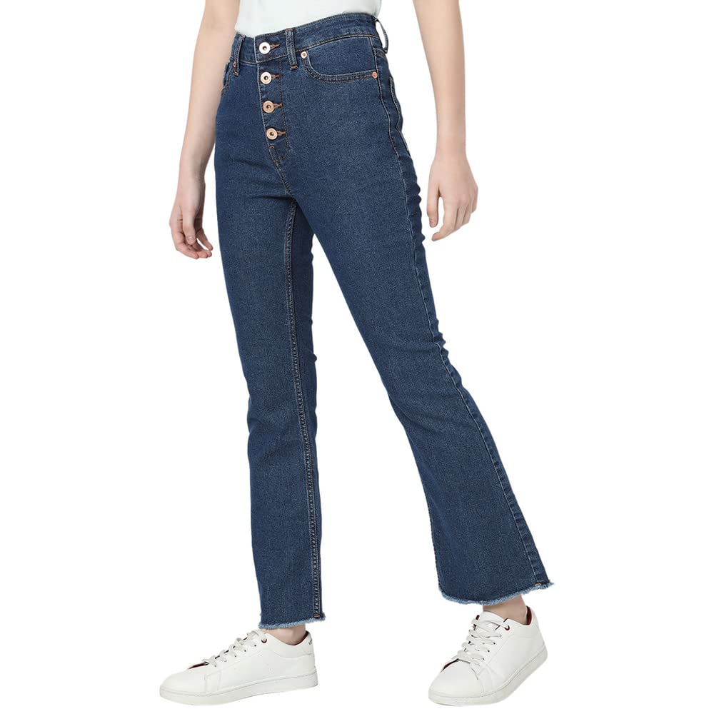 VERO MODA Women Solid Dark Blue Cotton-Organic Bootcut Fit High-Rise Jeans