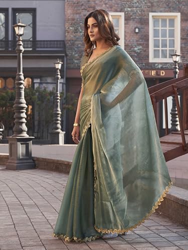 Womanista Women's Two toned jimmy choo saree with brocade blouse and embroidered lace(TI6867_olive green_Onesize)
