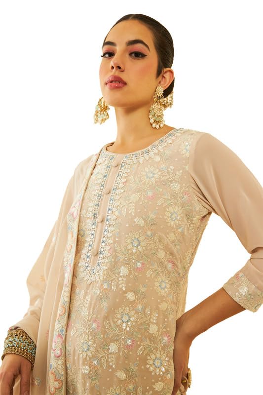 Soch Womens Beige Georgette Sequinned Embellished Suit Set with Tie-Ups