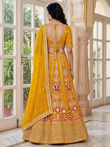 Zeel Clothing Women's Sequins Thread Embroidered Georgette Lehenga Choli With Dupatta (6008-Yellow-Women-New-Lehenga-Choli; Free Size) (Yellow)