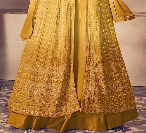 RUDRAPRAYAG Anarkali Georgette and Santoon Maxi Gown for Women | Semi-Stitched Long Anarkali Gown | Gown in Clothing & Accessories (Mustard)
