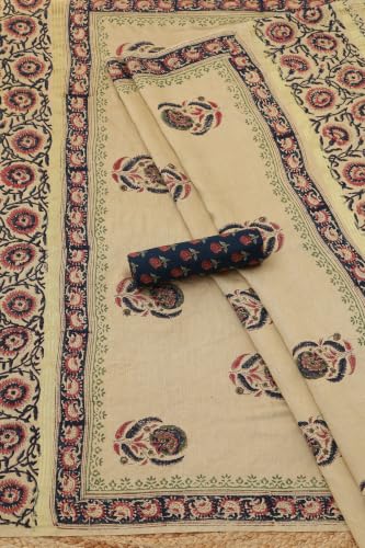 Soch Womens Navy Blue Cotton Botanical Dress Material With French Knot and Faux Mirror
