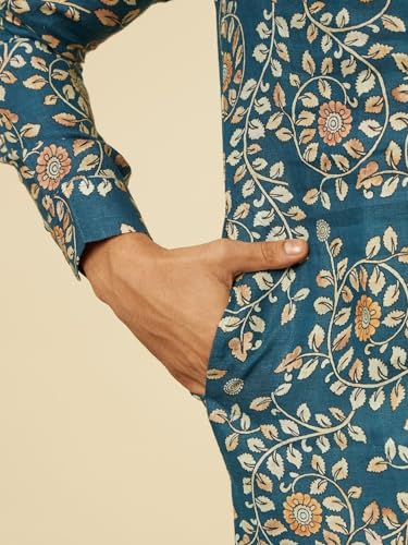 Manyavar Men's Teal Blue Bel Buti Patterned Kurta (M)