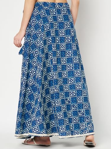 studio rasa Women's Cotton Printed Embellished Bias Skirt for Wedding Festive Party (SKTC52406_Blue_Medium)