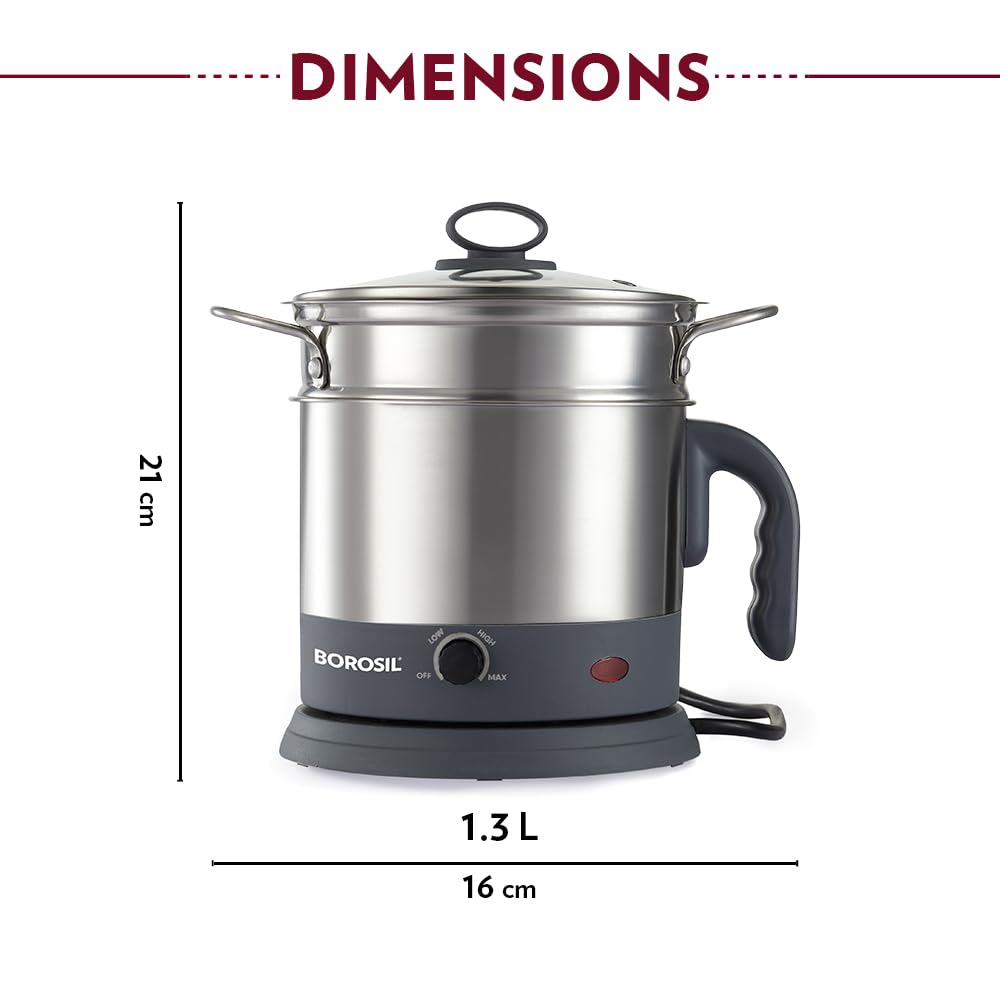 Borosil Multipurpose Electric Kettle with Egg Tray, Idli Stand, Steamer & Grill Plate | 360° Rotating Base, Auto Cutoff, Overheat & Dry Boil Protection, 1 Year Warranty (1.3 L)