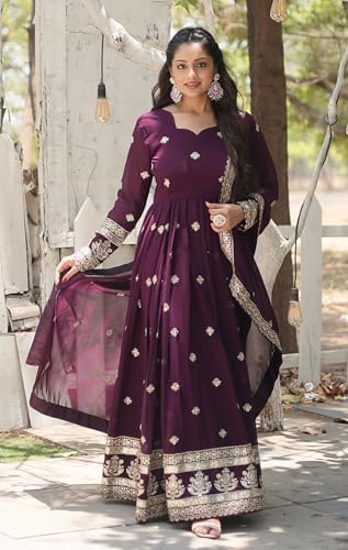 Fashion Basket Women's Red Georgette Anarkali Kurta Set with Duptta for Women (Purple, XL)