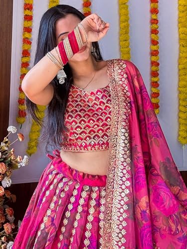 AG Clothing Women's Organza Semi Stitched Lehenga Choli With Dupatta | Floral Digital Print With Sequin Embroidery Pattern | Traditional, Wedding, Ethnic Wear Lehenga (ZC-7072-Pink)
